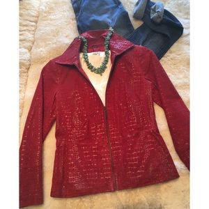 Striking red leather & suede zip front jacket